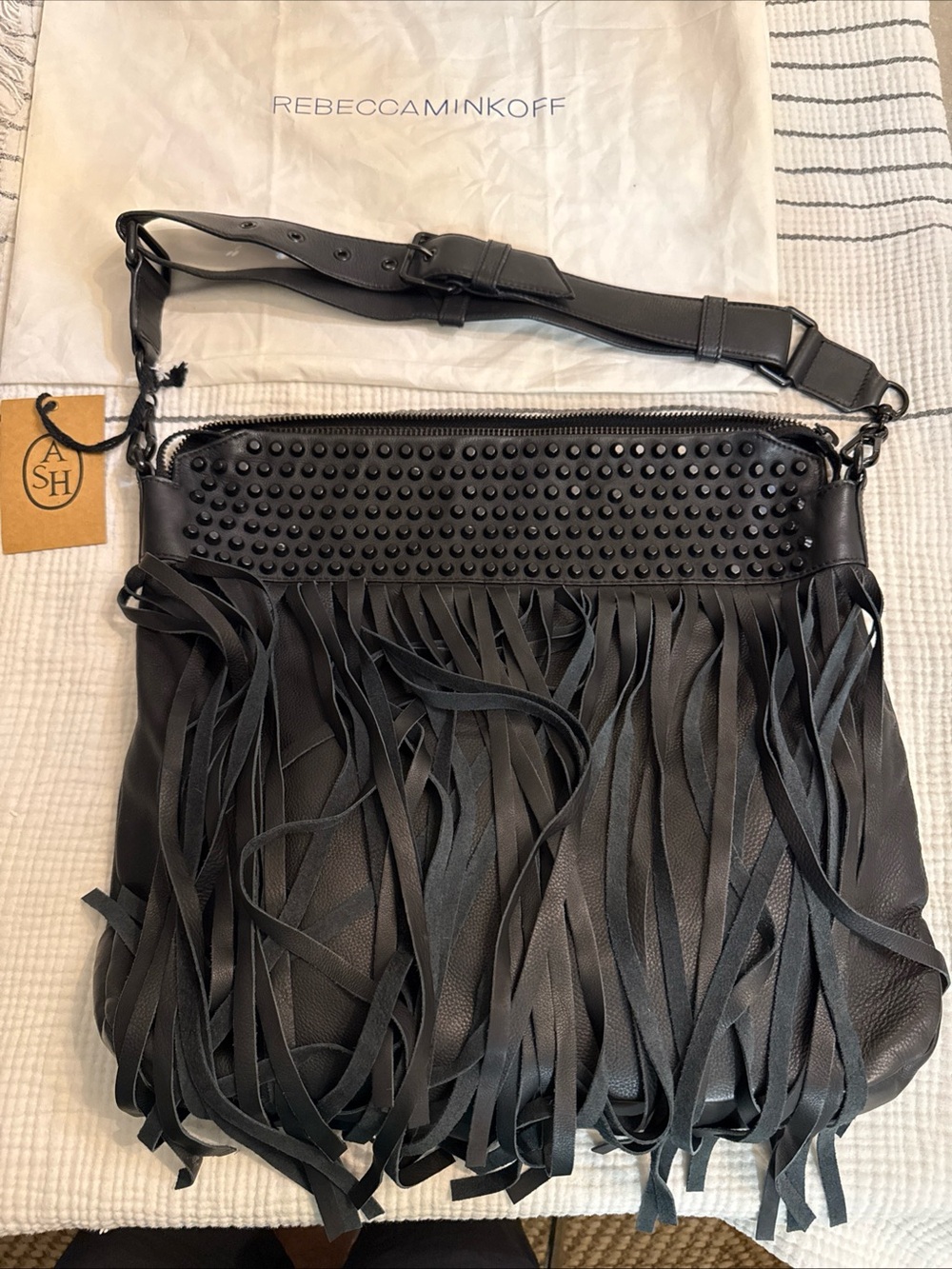 Rebecca Minkoff Black Leather Fringe Shoulder Bag with Stud Detail